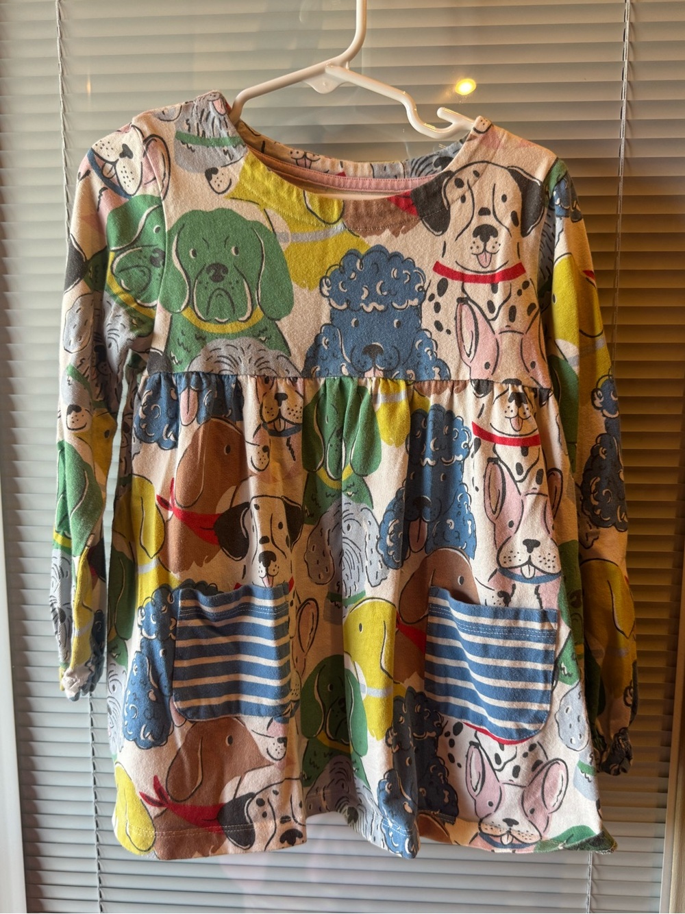 Mini Boden Dog Print Long Sleeve Dress Girls 4-5Y Puppy Pocket Dress EUC